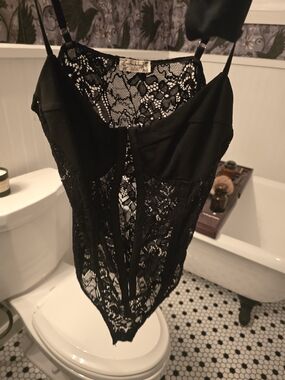 Free People Black Lace Bodysuit with Sheer Panels